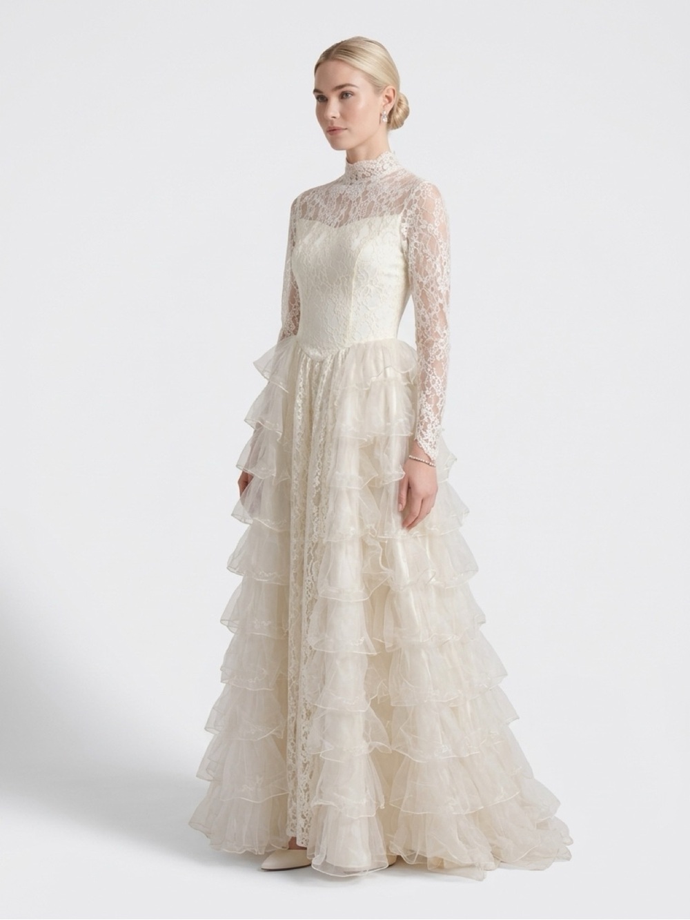 Antique Long Sleeve Lace Tiered Ivory Wedding Dress